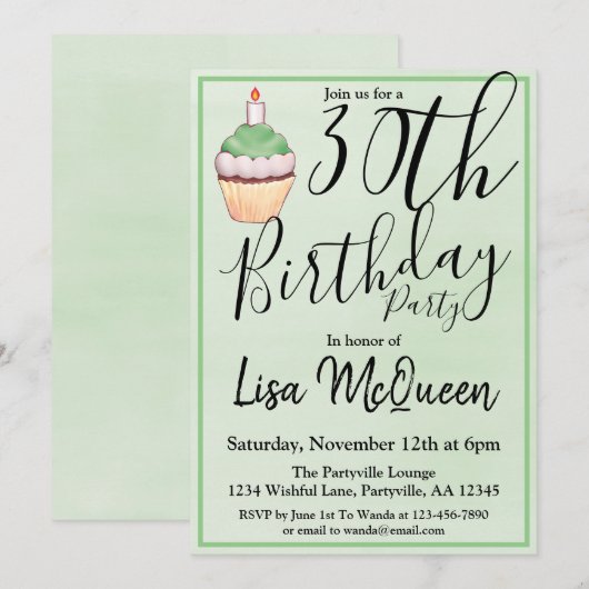 Green Cupcake 30th Birthday Party Kaart (Voorkant / Achterkant)