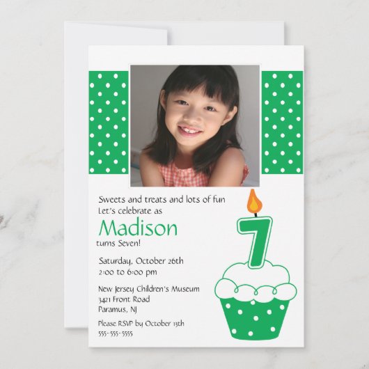 Green Cupcake Foto 7th Birthday Invitation Kaart (Voorkant)