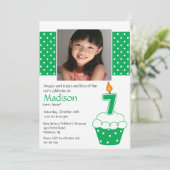 Green Cupcake Foto 7th Birthday Invitation Kaart (Staand voorkant)