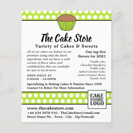 Green Cupcake & Polka Dot, Cake Store Advertising Flyer (Voorkant)