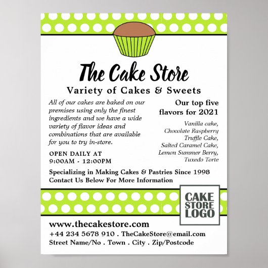 Green Cupcake & Polka Dot, Cake Store Advertising Poster (Voorkant)