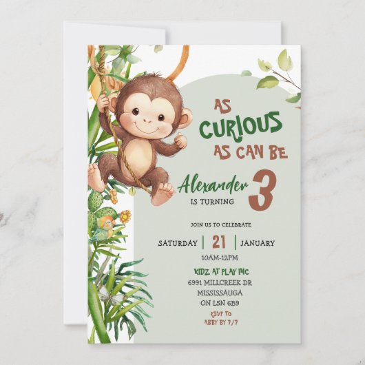 Green Curious Monkey Savannah Theme Birthday Kaart (Voorkant)