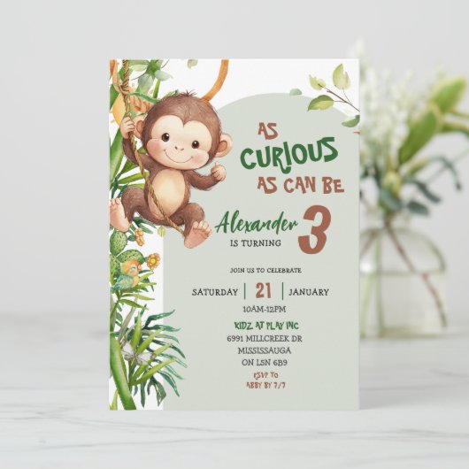 Green Curious Monkey Savannah Theme Birthday Kaart (Staand voorkant)