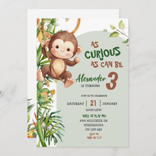 Green Curious Monkey Savannah Theme Birthday Kaart (Voorkant / Achterkant)