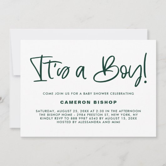 Green Cute Calligraphy Het is een Boy Baby shower Kaart (Voorkant)