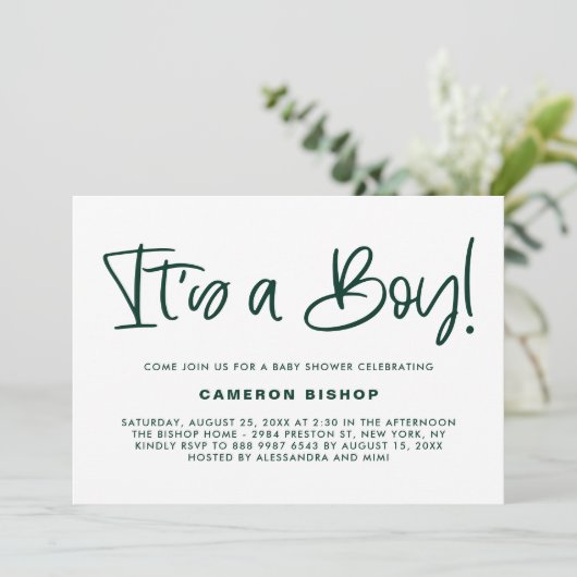 Green Cute Calligraphy Het is een Boy Baby shower Kaart (Staand voorkant)