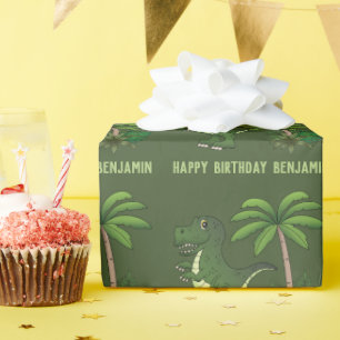 Green Cute Cartoon T-rex Dinosaur Happy Birthday Cadeaupapier