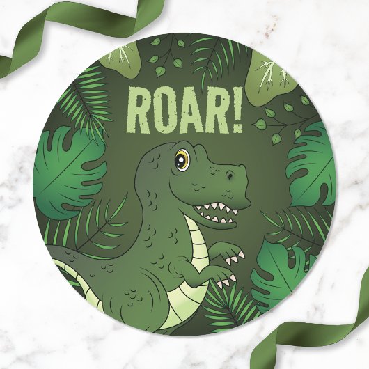 Green Cute Cartoon T-rex Dinosaur met roertekst Ronde Sticker