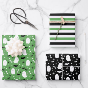 Green Cute Ghosts & Bats Oranje Halloween Inpakpapier Vel