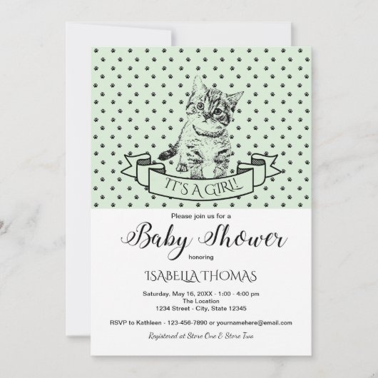 Green Cute Kitten Baby shower Invitation Kaart (Voorkant)