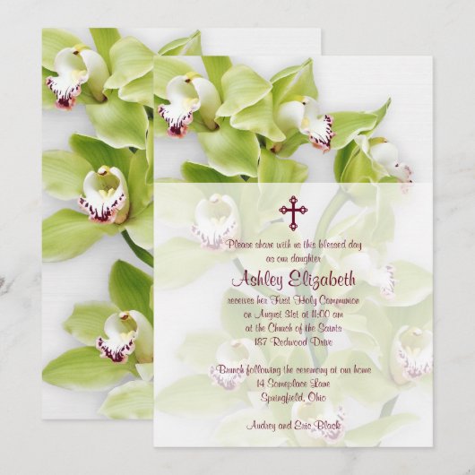 Green Cymbidium Orchid First Communitation Invitat Kaart (Voorkant / Achterkant)