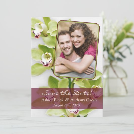 Green Cymbidium Orchid Photo Wedding Save the Date (Staand voorkant)