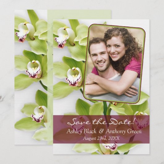 Green Cymbidium Orchid Photo Wedding Save the Date (Voorkant / Achterkant)