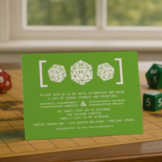 Green D20 Dice Gamer Wedding Invitation Kaart