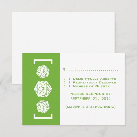 Green D20 Dice Gamer Wedding Response Kaart (Voorkant / Achterkant)