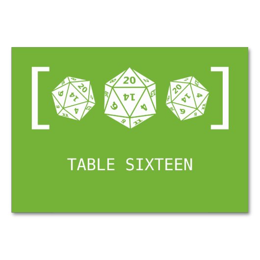 Green D20 Dice Gamer Wedding Table Kaart (Voorkant)