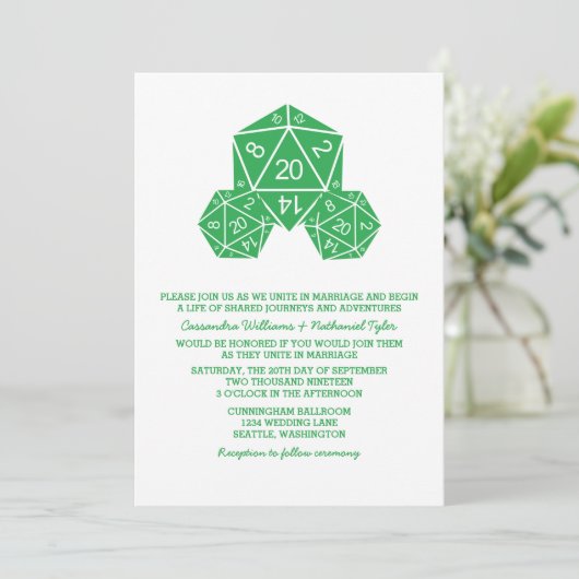 Green D20 Dice Wedding Invite Kaart (Staand voorkant)