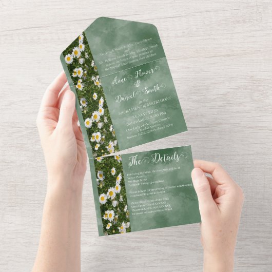 Green Daisy Formal All in One Wedding Uitnodiging (Afscheurbaar)