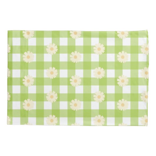 Green Daisy Gingham Pattern Kussensloop (Achterkant-Links)
