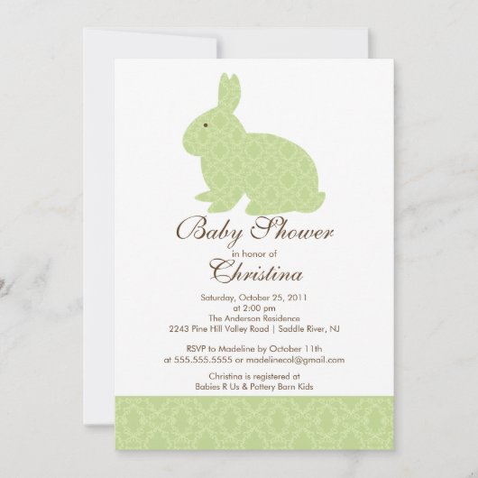 Green Damask Bunny Baby shower Invitation Girl Kaart (Voorkant)