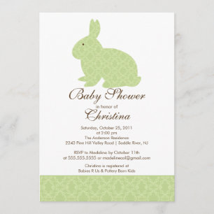 Green Damask Bunny Baby shower Invitation Girl Kaart