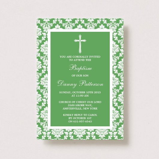 Green Damask Cross Baptisme of Christening Kaart