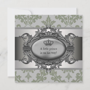 Green Damask Crown Little Prince Boy Baby shower Kaart