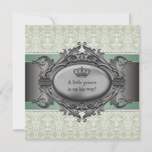 Green Damask Crown Little Prince Boy Baby shower Kaart