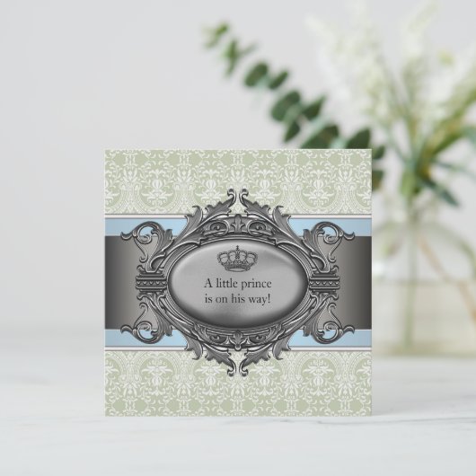 Green Damask Crown Little Prince Boy Baby shower Kaart (Staand voorkant)
