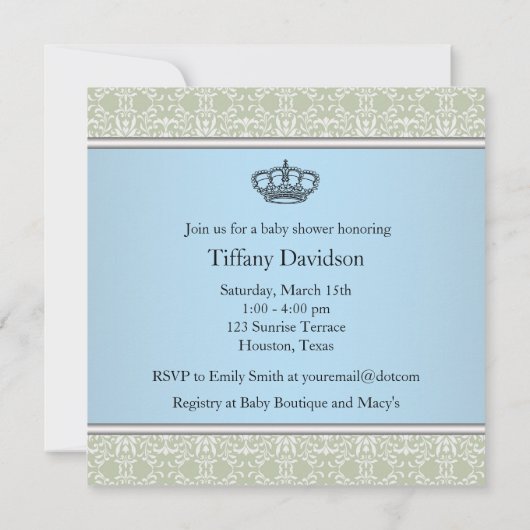 Green Damask Crown Little Prince Boy Baby shower Kaart (Achterkant)