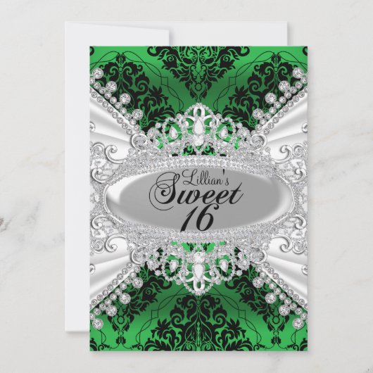 Green Damask & Diamond Tiara Sweet 16 Invite Kaart (Voorkant)