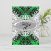 Green Damask & Diamond Tiara Sweet 16 Invite Kaart (Staand voorkant)