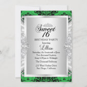 Green Damask & Diamond Tiara Sweet 16 Invite Kaart (Achterkant)