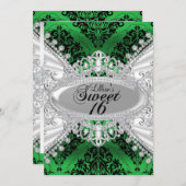 Green Damask & Diamond Tiara Sweet 16 Invite Kaart (Voorkant / Achterkant)