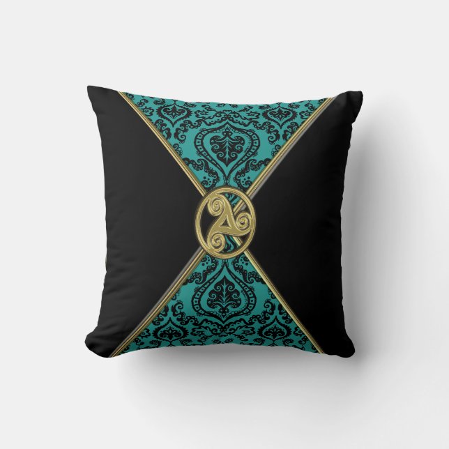 Green Damask en Black met Celtic Knot Pillow Kussen (Voorkant)