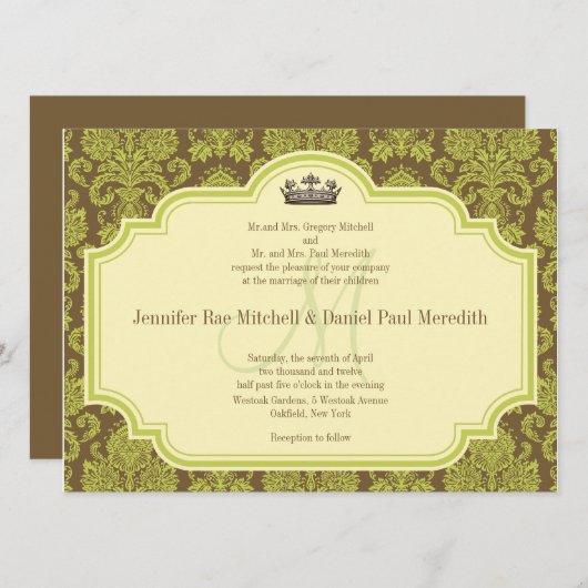 Green Damask en Monogram Wedding Invitations Kaart (Voorkant / Achterkant)