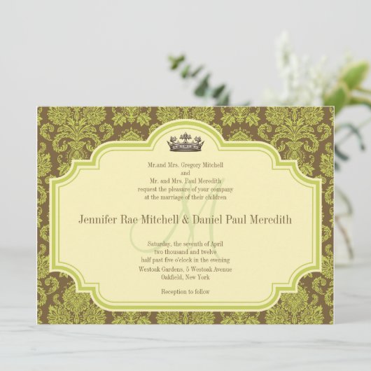 Green Damask en Monogram Wedding Invitations Kaart (Staand voorkant)