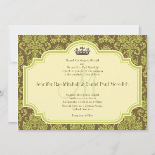 Green Damask en Monogram Wedding Invitations Kaart (Voorkant)