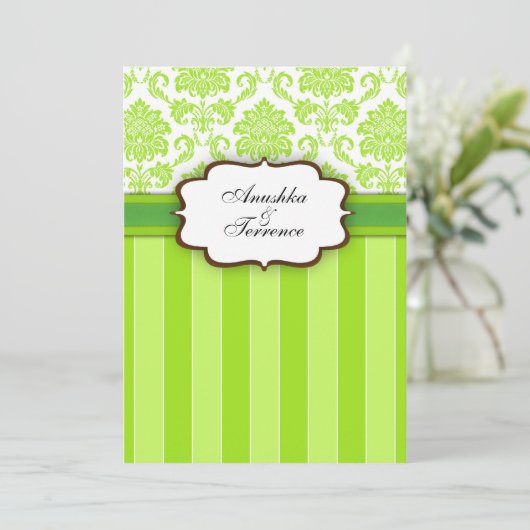 Green Damask en Stripes Wedding Invitation Kaart (Staand voorkant)