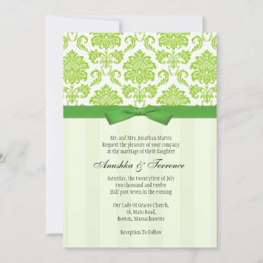 Green Damask en Stripes Wedding Invitation Kaart (Achterkant)