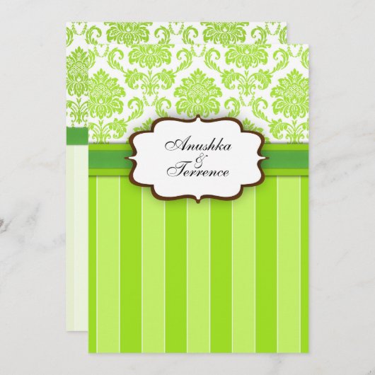Green Damask en Stripes Wedding Invitation Kaart (Voorkant / Achterkant)