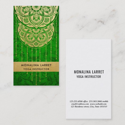Green Damask Faux Gold Foil Mandala Pattern  Visitekaartje (Voorkant / Achterkant)
