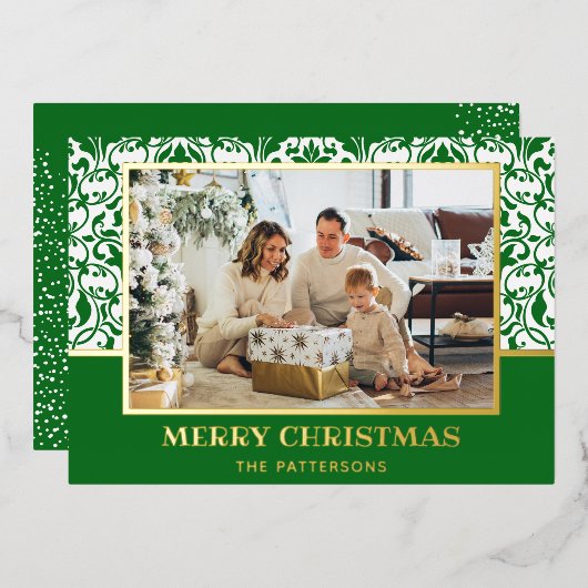Green Damask Folie Holiday Card Feestdagenkaart (Voorkant / Achterkant)