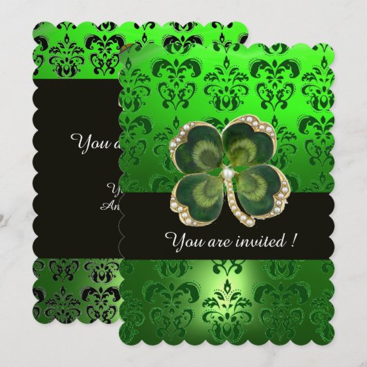 GREEN DAMASK, GOLD SHAMROCK JEWEL MET WITTE PEARLS KAART (Voorkant / Achterkant)