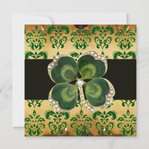 GREEN DAMASK, GOLD SHAMROCK JEWEL MET WITTE PEARLS KAART