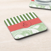 Green Damask, Green Stripes, Striped, Monogram Onderzetter (Linkerzijde)