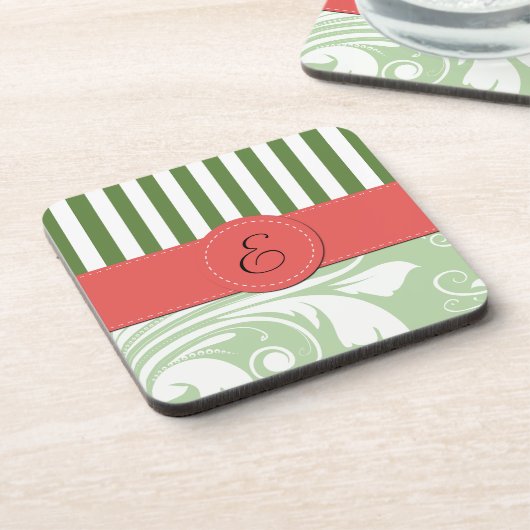 Green Damask, Green Stripes, Striped, Monogram Onderzetter (Linkerzijde)