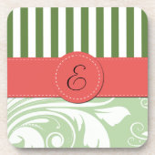 Green Damask, Green Stripes, Striped, Monogram Onderzetter (Voorkant)