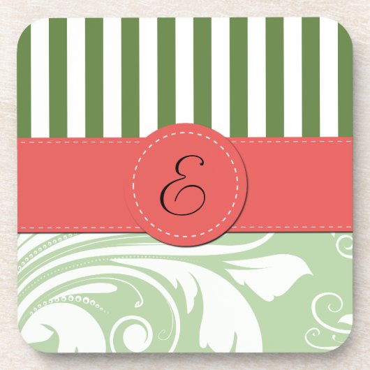 Green Damask, Green Stripes, Striped, Monogram Onderzetter (Voorkant)