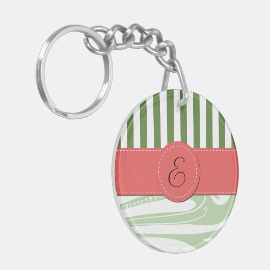 Green Damask, Green Stripes, Striped, Monogram Sleutelhanger (Voorkant Links)